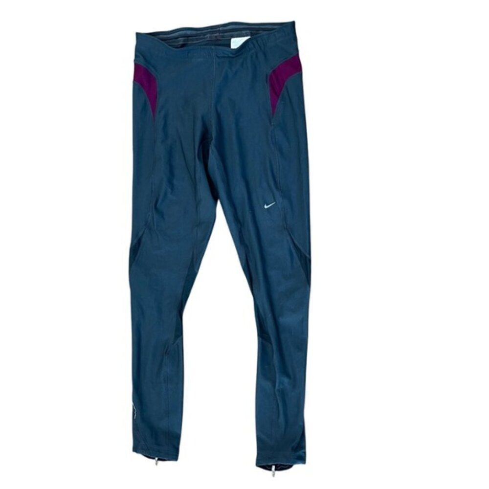 Nike Dri Fit Women’s M Athletic Leggings Slate Blue Zip Ankle Key Pocket Running